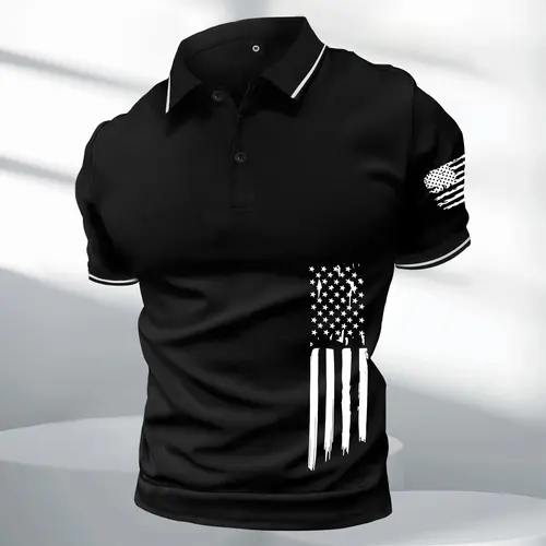 Men's Fitted Casual Short-Sleeve Lapel Button Polo Shirt - 2026 Stars and Stripes Horizontal Print, Skin-Friendly Fabric, Contrast Color Details, Machine Washable Menswear Top, Summer Outerwear, Autumn Layering Piece, Shortsleeve
