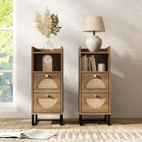 PieDle Narrow Nightstand Set of 2 for Small Spaces - 9.3" Slim Side Table with Rattan-Weave Drawers, Skinny Bedside Table with Open Shelf, Rustic Tall Thin Gap Filler for Bedroom