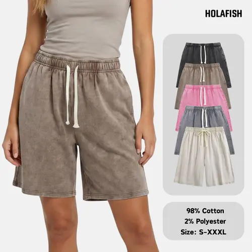 Holafish Unisex Acid Wash Casual Shorts, Relaxed Fit Elastic Waist Drawstring Shorts with Pockets