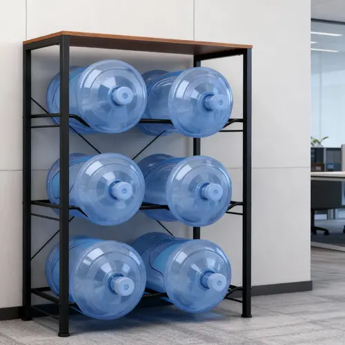 Heavy-Duty 3-Tier Water Jug Holder with Stable Metal Frame, 6-Tray Rack, Top Shelf, 4 Wheels, 5-Gal Capacity, Home Kitchen Organizer for Kitchen, Office