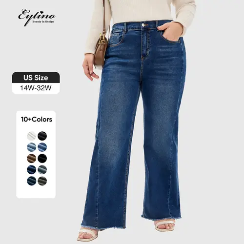 Eytino Women's Plus Size Wide Leg Jeans Elastic High Waist Stretchy Raw Hem Denim Pants with Pockets(1X-5X)