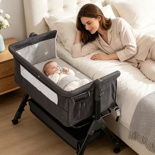 Child Safe Portable Baby Bassinet - Aluminum Folding Collapsible Frame Bedside Sleeper with Adjustable Design, Storage Basket, Mosquito Net, Easy Fold, Safe Bed, Baby Items, Brakes, Breathable Mesh, Newborn & Infant Gift, Back to School, Soho Chic
