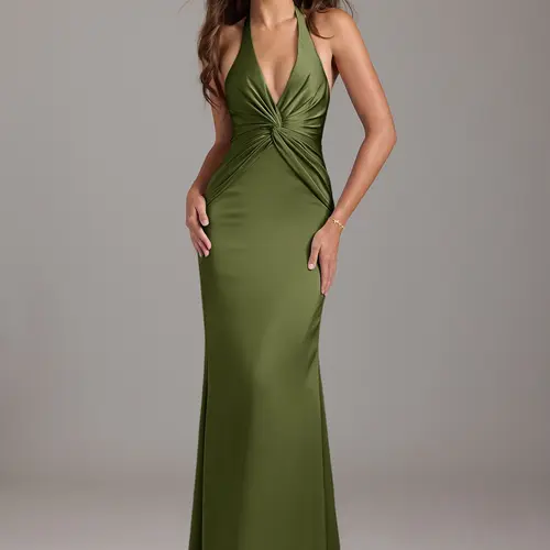 AZAZIE Valerie Women's Formal Bridesmaid Dress in Stretch Satin | Sleeveless Mermaid Gown with Pleated Halter Neck & V-Back sohochic