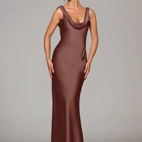 Azazie Rylina Cowl Neck Open Back Fitted Mermaid  Evening Event Wedding Stretch Satin Dress Floor Length Sleeveless Side Zip Bow Tie Back Formal Wear, Women sohochic
