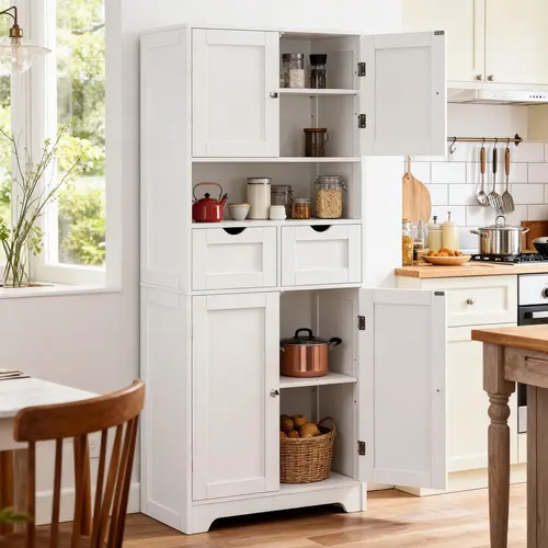 Tall Kitchen Pantry Storage Cabinet, Freestanding White Food Cabinet with 4 Doors, 2 Large Drawers & Adjustable Shelves,  Cupboard for Kitchen, Bathroom, Dining Room