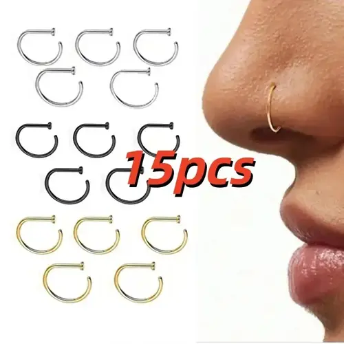 15pcs Women And men Fake Piercing Nose Ring Gold Stainless Steel D-Type Simple AmericanStyle Personalized Letters Hip-Hop Street StyleNon Perforated Accessories Fake Nose Studs