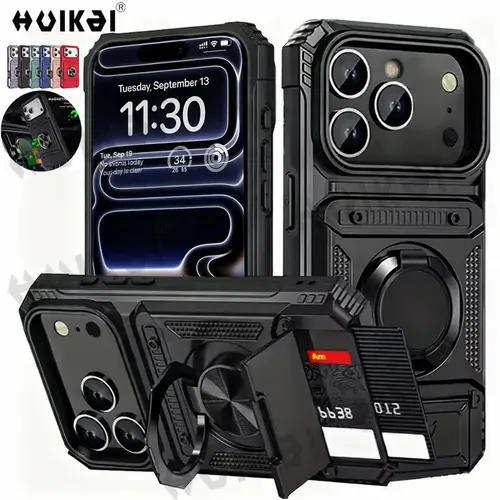 iPhone 17 Pro Max, 16 Pro, 15 Pro Max, 14 version clip-on rotating ring stand layer heavy shockproof wallet kit phone protection case