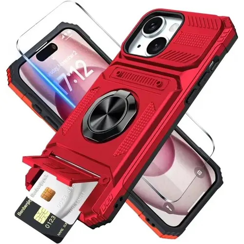 Military-Grade Smartphone Case with Magnetic Rotatable Ring Kickstand, Heavy-Duty Drop Protection, Wallet & Cash Storage for iPhone 11,13,14,15,16 Pro Max - Cellphone Handheld Accessories