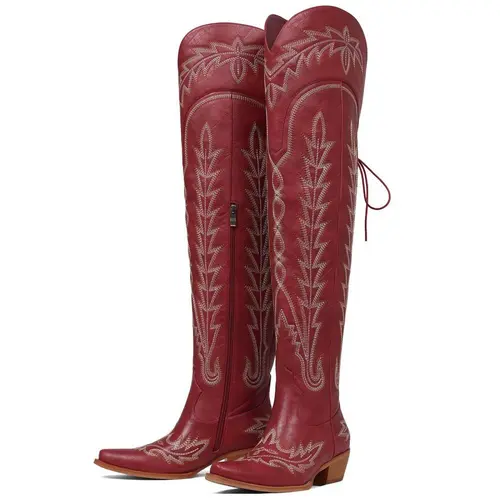 EROCALLI Womens Western Thigh Knee High Cowboy Boots Wide Calf Adjustable Straps  Chic Pointy Toe Block Heel Embroidery Over Knee Western Boots Shoes over Knee High Embroidery Cowgirl Boots summerwins,summerwins