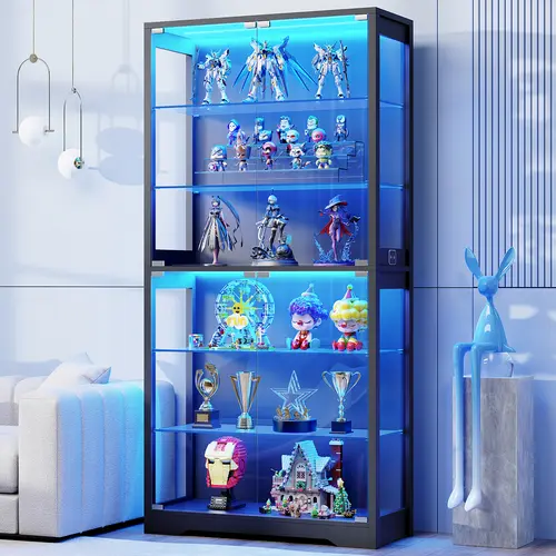 BROTTAR 71" Display Cabinet with Glass Door, 6-Tier Curio Cabinet with 3 Color Light for Collectibles, Figures, Showcase Display Case with Adjustable Glass Shelves & Human Body Sensor, Multi-Functional Glass Cabinet, Black/White,dorm essentials,home decor