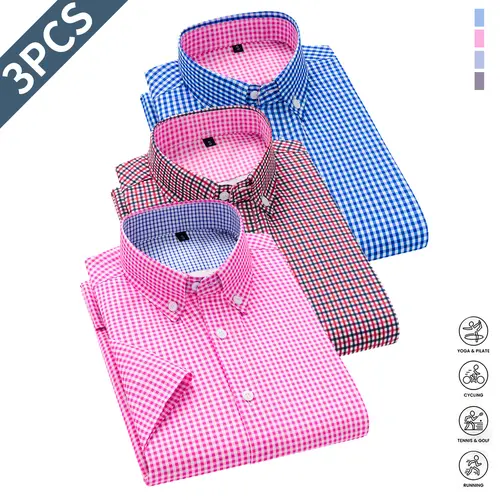 Men's 3-Piece Collared Short-Sleeve Shirts - Business Formal, Striped & Solid Color, Casual Business Style Tops for Casual Everyday Wear, Mensfashion Summer Outfits,summerwins,father'sdaygifts