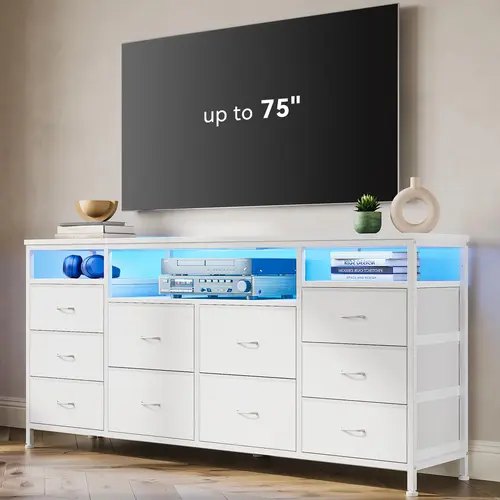 63.3 in Dresser for Bedroom,White 10 Drawer Dresser Tv Stand for 65 70 75 in Tv,Fabric Chest of Drawers With Led Lights & Power Outlets,Long Entertainment Center for Closet,Living Room,dorm essentials,home decor
