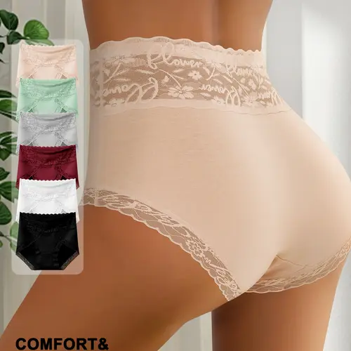 QUASTI 4/6PCS High-Waisted Lace Seamless Printed Briefs for Women Breathable Soft Stretch Panties High Elasticity Full Coverage Underwear Fashionable Elegant Comfortable Everyday Lingerie Set for Ladies and Girls S-XXL