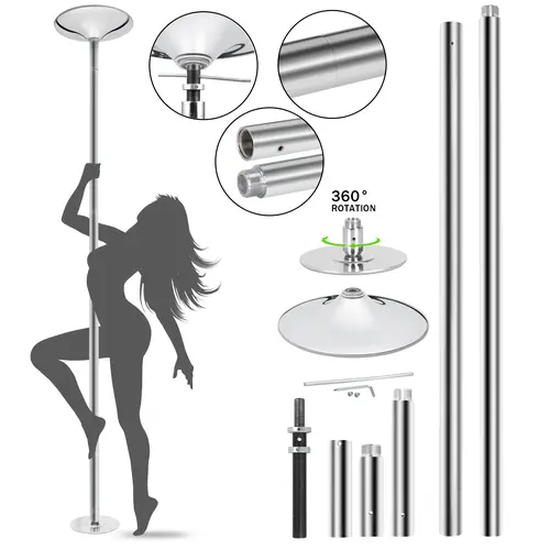 Segawe 45mm Chrome Steel Dancing Pole Kit, Professional Gymnastics Bar with Ceiling Mount, Spinning & Static Modes, 7.3'-9' Height Range with Metal Extensions, 24 lbs Iron Build for Home Gym & Studio, Unisex, Chrome Finish