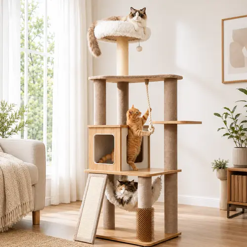 Modern Solid Wood Cat Tree for Indoor Cats, Cat Tower with Plush Top Perch, Cozy Condo, Hammock & Sisal Scratching Posts, Cat Furniture for Large Cats