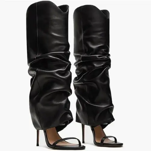 EROCALLI Leather Luxe Cuffed Knee High Open Toe Stiletto Boots for Women, Pull On Wide Calf Footwear, Party Statement Shoes, Fashion Dress High Heels, Pairs With Dresses, Skirts, Or Jeans