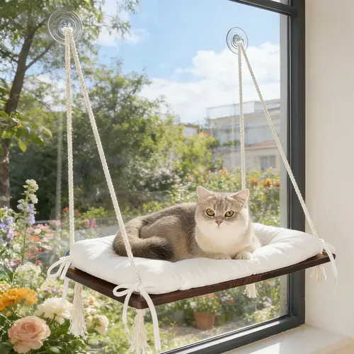 Solid Wood Cat Window Perch with Machine Washable Cusion,Strong Suction Cup, Cat Window Perch for Cats and Small Dog