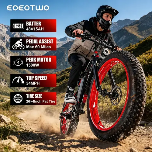 EOEOTWO E01 Lightweight All-Terrain Ebikes with Bike Seat & Installation Manual - 1500W Peak Power, 26x4-in Wide Tyres, 48V 15Ah Battery, 60-Mile Pedal Assist Range, 34mph Max Speed, LED Colour Screen Dashboard for Mountain Biking, Road Use