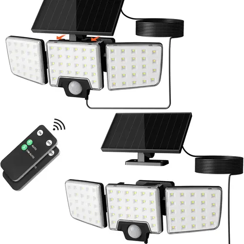 Lepro 1000 Lm Solar Security Floodlight, 3-Head Outdoor Motion Sensor Light with Dim-Auto Dimming, 2-in-1 Separated & Integrated Remote Control, IP65 Waterproof, 2 Light Modes for Garden Yard