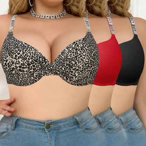 【BackToSchool】Mimilemon 3 PCS Plus Size Push-up Push Up Bras Sexy Love-Strap Leopard Print & Comfy Busty Fit for Women Comfortable Everyday Wear Valentine's Day perfect valentine Gift plus size SummerWins