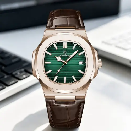 Men's Quartz Analog Watch, Rose Gold Stainless Steel Case, Square Dial with PU Leather Strap, Luminous Hands, Date Display, 30m Water-Resistant, Elegant Business Dress Watch, Analog Quartz Watches