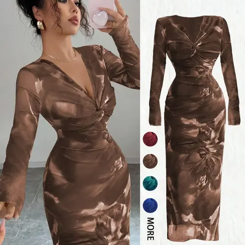 Elegant Chic Spring Autumn Women's Slim-Fitting Formal Long Sleeve Bodycon Evening Dress with Cross Twist V Neck, Floral Print Design, Perfect for Work Dates and Parties, Workwear