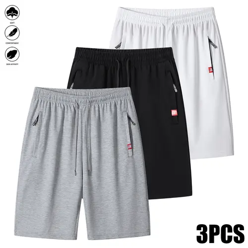 Men’s 3-Piece Fitted Casual Athletic Shorts Set - Synthetic Soft, Lightweight, Breathable Fabric, Zippered Pockets, Drawstring Waistband, Suitable for Summer Running & Everyday Wear, 3-Piece Set,clothes for back to school,first day of school outfits