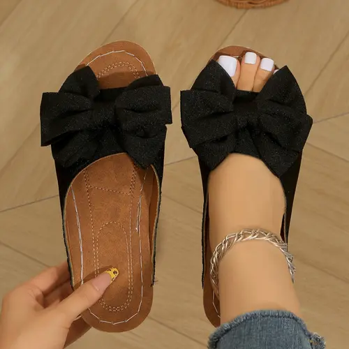 Women's Comfortable Soft Casual Slip-On Sandals with Flexible Wedge Sole, Minimalist Bowknot Design, Flower Sandals, Perfect for Everyday Wear, School, Work and Walking