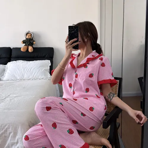 Valentine's Day Women's Sleepwear Pajama Set, Loungewear, Floral Print Ruffle Short Sleeve Long Pants, Casual Home Wear, Soft Button Up Top & Elastic Waist Pant