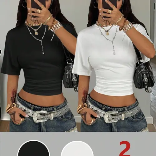 Women's Casual Homewear Top, 2-Piece Set, Pure Color Round Neck Elastic Ruched Short Sleeve Basic Minimalist T-Shirt, Loose Fit Summer Fashion, for Lady, Womenswear, Everyday, Casual Summer Tee