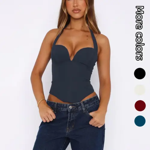 Elegant European Style Chest Accent Waist Cinching Top, Sexy Slim Fit Backless Sleeveless Vest, Women's Fashionable Summer Wear Strap, Adjustable, Womenswear, Minimalist, Cinched Tank Top Waist Depop