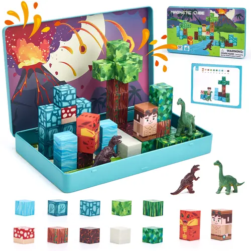 hahaland 52 PCS 0.8-inch Mini Dinosaur/Unicorn Magnetic Modular Blocks, DIY Building Kit with Magnetic Case, Construction Stacking Toys for Kids 3+ Travel Essentials, STEM Gifts Enhancing Hand-Eye Coordination