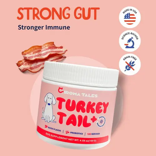 Turkey Tail Dog Food Topper - Bacon Flavor, Probiotics for Gut Health, Immune Support, 100 Servings, Lipoma Management, Digestive Remedy, Allergy Relief Bulk Pack Supplement