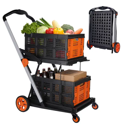 WGCTEK Foldable Shopping Cart with Two Collapsible Crates on Wheels Foot Brake for Groceries Office Warehouse Supermarket