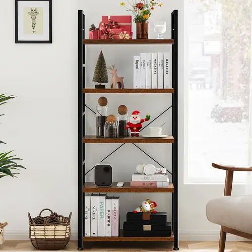Sweetcrispy 5-Tier Sturdy Industrial Corner Bookshelf - Modern Tall Office/Commercial Furniture with Antiscratch Waterproof Finish, Room Decor for Home Library Storage of Books, Garage Kits, CDs, Movies