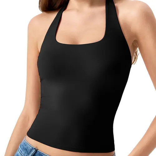 QINSEN Womens Halter Top Double Lined Tank Top Sleeveless Open Back Slim fit Going Out Tops