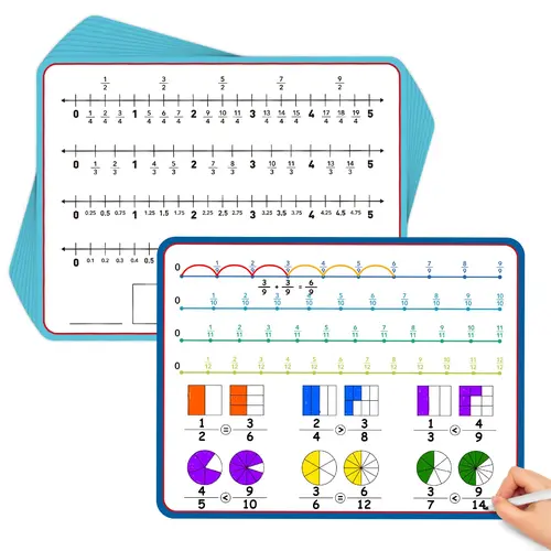 Torlam 12-Pack Dry Erase Fraction Flashcards (12"x9") with Number Lines, Montessori Hands-On Math Toys for Elementary Kids, Homeschooling & Classroom Supplies