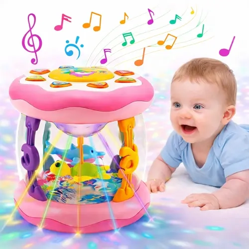 Playful Ocean Theme Dolphin Musical Light Up Plastic Baby Toy Set - Rotating LED Lights, Tummy Time Activity, Sensory Soothing Sounds, Toddler Toys for Babies 0-36 Months, 6 Months and Up,familyfun
