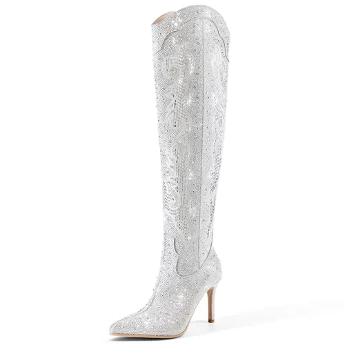 RONILURN Women's Crystal Sparkly Over-the-Knee High Boots - Stiletto Heels for Women, Party-Style Pointed-Toe Bling Boots with Fabric Upper & Rubber Sole