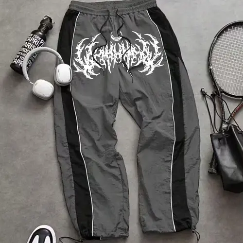 Men's Fashion Print Casual Outdoor Pants, Loose Fit Gym Shorts, Waist Drawstring, Elastic Cuff Design, Nylon Fabric, Lightweight Comfort, Athletic Bottoms