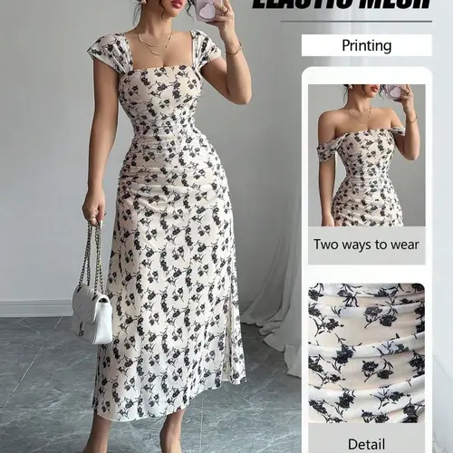 New Women's Square Neck Short Sleeve Mesh Fabric Ditsy Floral Print Dress, Waist Pleated A-Line, Elegant Chic Feminine Party Vacation Dress
