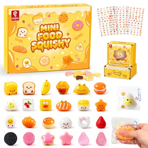 BEIREG 24 Mini Squishies Safety-Certified Moldable Taba Squishy Fidget Toys, Food-Theme Tactile Fun Stress Relief Items, 24x Gift Boxes with Card+Decor Set, Durable Kids’ Party Favors Bulk Gifts