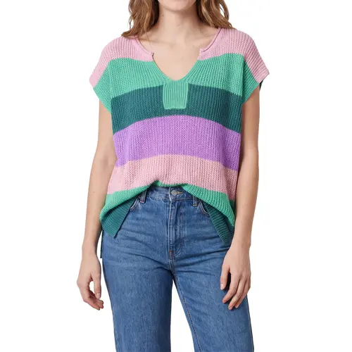 Shewin Women's Colorblock Striped V-Neck Knitwear, Shortsleeve Loose Fitting Top with Side Split Hem, Casual Knitted Clothes,back to school,back to school shopping, Lightweight Casual Top,clothes for back to school,first day of school outfits