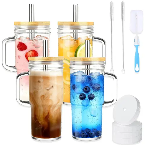 24oz Glass Cups with Lids and Straws,Glass Tumbler with Handle,4 set–Reusable Glass Ice Coffee Cups with Lid and Straw for Smoothies,Tea,Juice,Boba Cup for Cold & Hot Drinks,Travel Cup Birthday Sturdy Stylish