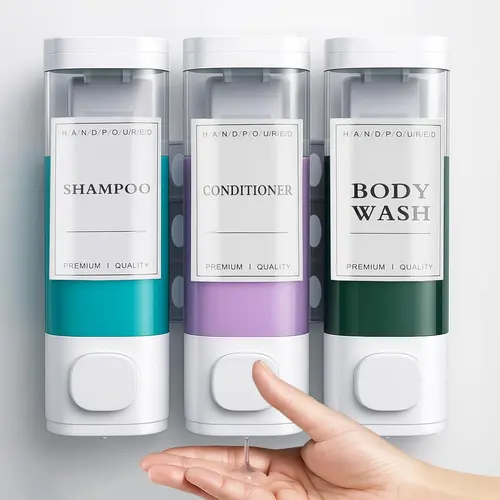 No-Drill Wall-Mounted 3-Chamber Press Shampoo Dispenser - 3×300ML White Bathroom Accessory for Bathroom, Hotel Use