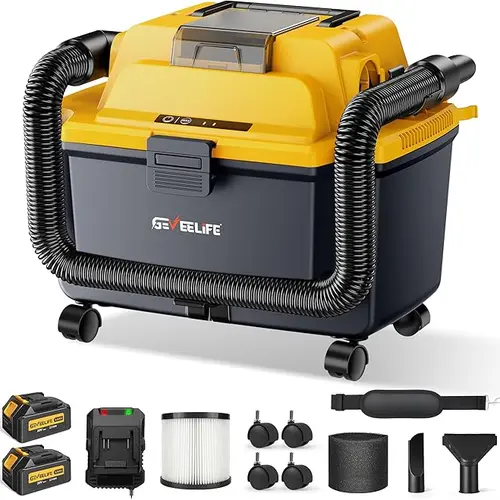 GEVEELIFE Cordless Wet/Dry Shop Vac - 4.3 Gal Tank, Dual 5.0Ah Long-Lasting Batteries, Fast Charger, HEPA Filter, Strap, Wheels, 3-in-1 Vacuum Cleaner for Garage, Car - Cordless Vacuum, Father's Day Gift, Fathers Day Gift, Car Vacuum Kit, Cordless Vacuum