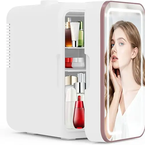 6L Compact Quiet Low Noise Operation Cooler Mini Fridge with LED Mirror, Portable Cooler & Warmer, White Household Energy-Saving Multi-Temperature Dual-Zone Refrigerator for Bedroom Dorm Skincare Cosmetics, Cooler Mini Fridges