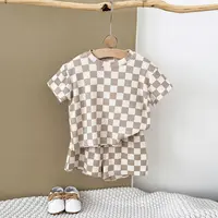 Baby Boys' 2-Piece Minimalist Infant Gift Set - Unisex Short Sleeves, Checkered & Solid Loose Shorts, Relaxed Cut Summer Casual Outfit