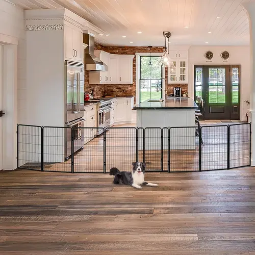 FXW Enclosed Metallic Wire Panel Dog Gate - 8 Panels, Up to 219" Wide, Anti-Slip Silicone Pads, Stair/Floor Access, Sleek Metal Look Blends with Decor, Indoor Large Room Use