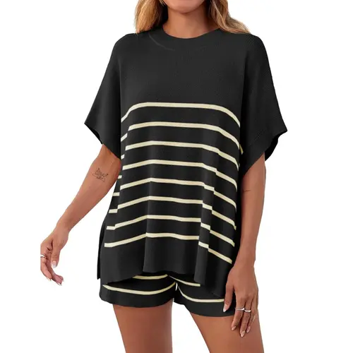 Fisoew Women's Striped 2 Piece Outfits Oversized Batwing Short Sleeve Tops High Waisted Shorts Summer Knit Lounge Short Sets